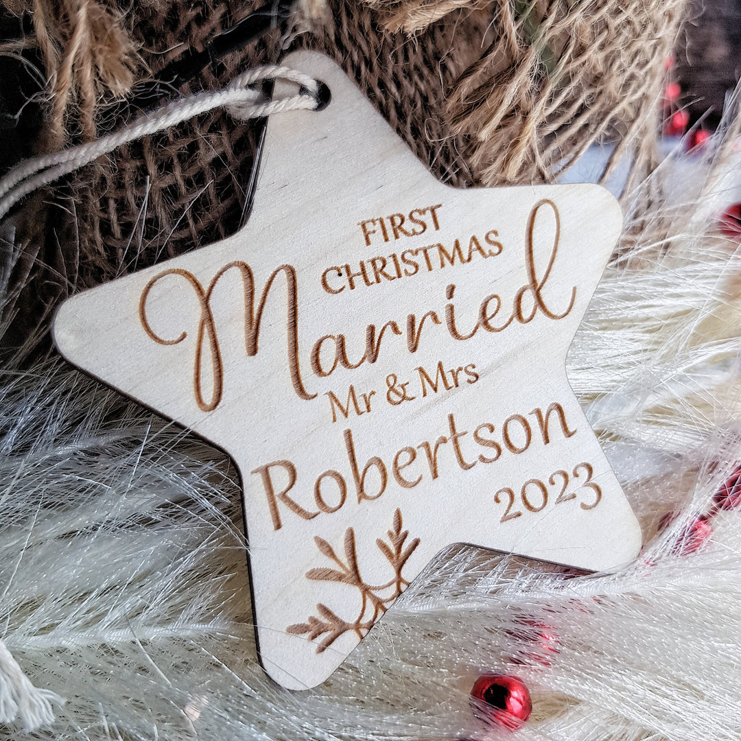 First Christmas Married Bauble - Rustic Wooden Keepsake, Christmas Tree Ornament, Festive Decoration