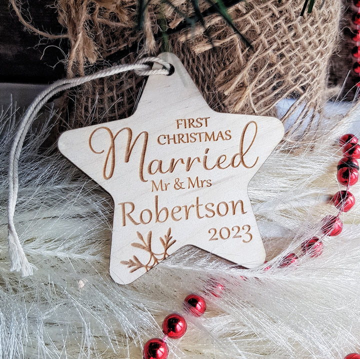 First Christmas Married Bauble - Rustic Wooden Keepsake, Christmas Tree Ornament, Festive Decoration