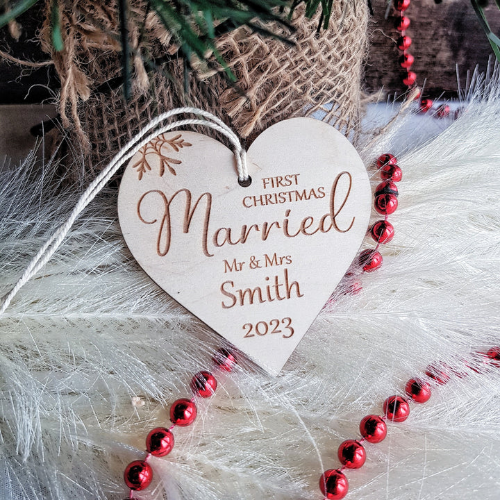 First Christmas Married Bauble - Rustic Wooden Keepsake, Christmas Tree Ornament, Festive Decoration