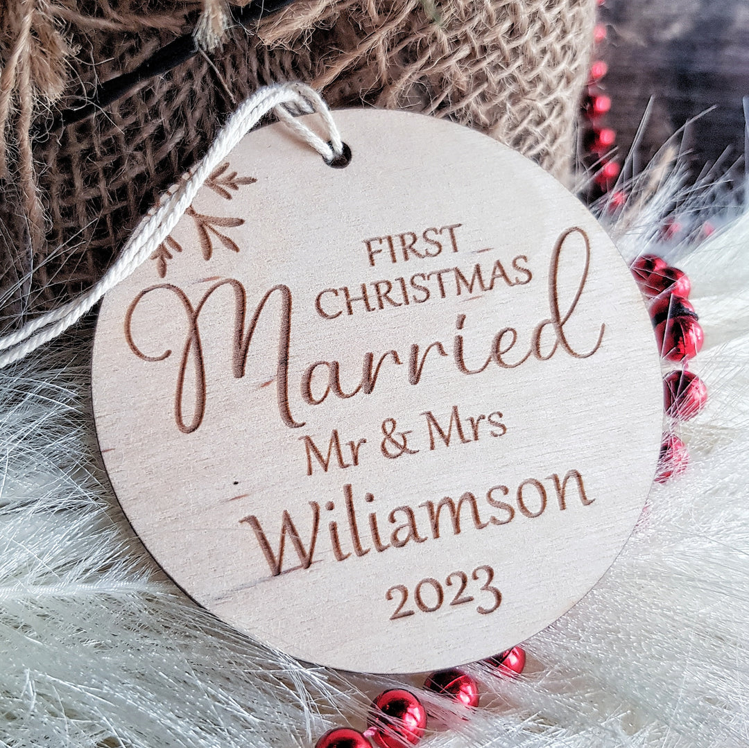 First Christmas Married Bauble - Rustic Wooden Keepsake, Christmas Tree Ornament, Festive Decoration