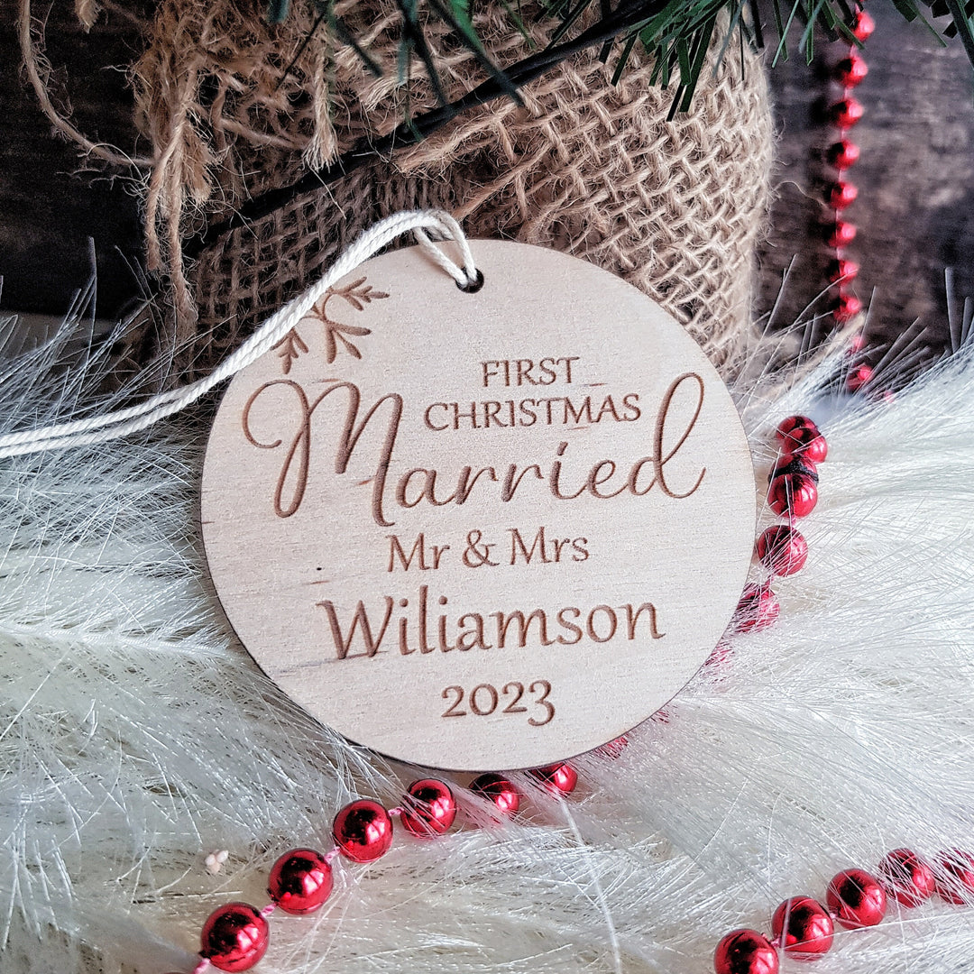 First Christmas Married Bauble - Rustic Wooden Keepsake, Christmas Tree Ornament, Festive Decoration