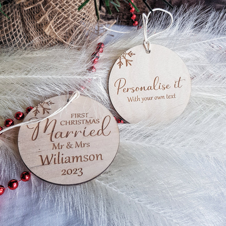 First Christmas Married Bauble - Rustic Wooden Keepsake, Christmas Tree Ornament, Festive Decoration