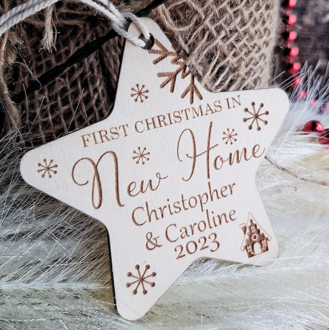 First Christmas In New Home Ornament - Personalised Tree Bauble - Wooden Keepsake - Festive Star Decoration