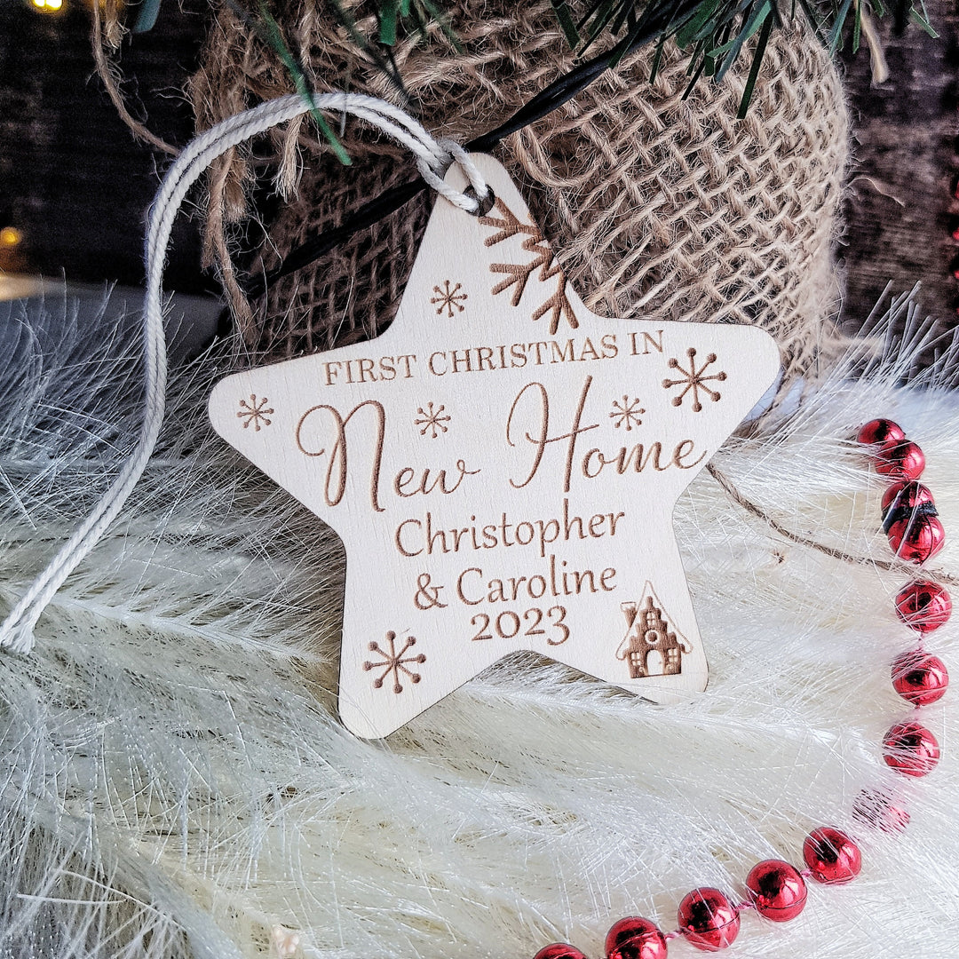 First Christmas In New Home Ornament - Personalised Tree Bauble - Wooden Keepsake - Festive Star Decoration