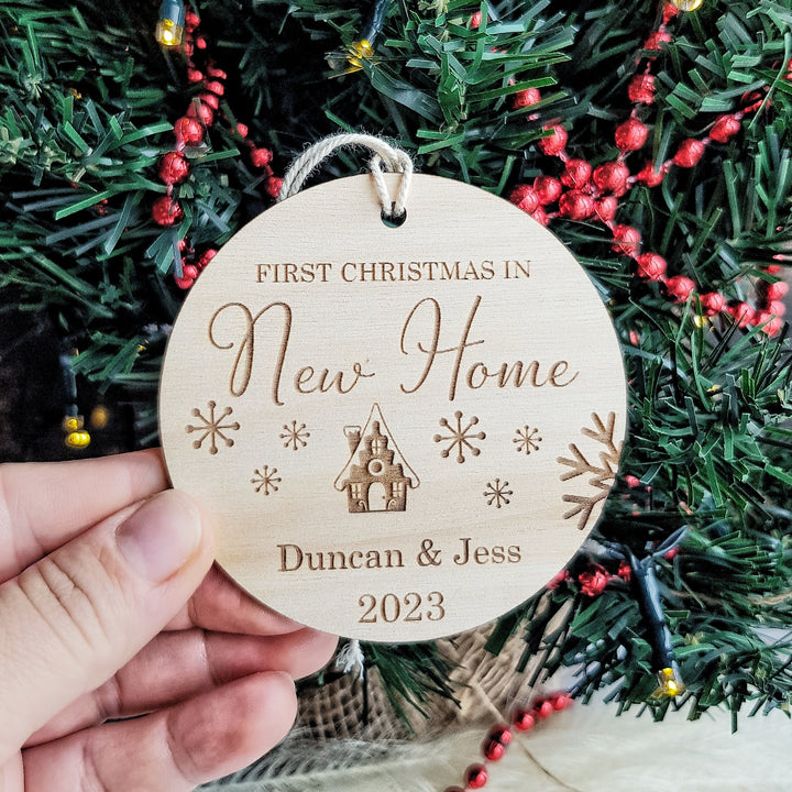 First Christmas In New Home Ornament - Personalised Tree Bauble - Wooden Keepsake - Festive Round Decoration