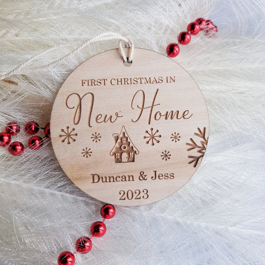 First Christmas In New Home Ornament - Personalised Tree Bauble - Wooden Keepsake - Festive Round Decoration