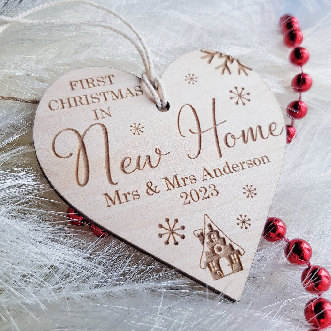 First Christmas In New Home Ornament - Personalised Tree Bauble - Wooden Keepsake - Festive Heart Decoration