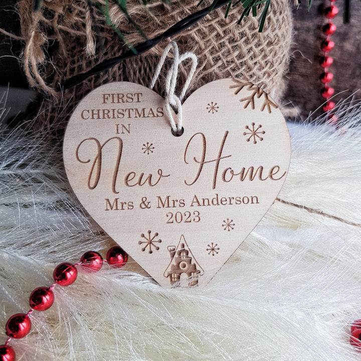 First Christmas In New Home Ornament - Personalised Tree Bauble - Wooden Keepsake - Festive Heart Decoration