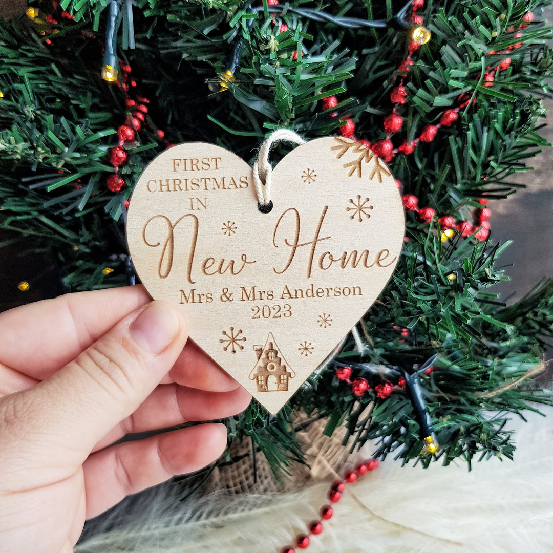 First Christmas In New Home Ornament - Personalised Tree Bauble - Wooden Keepsake - Festive Heart Decoration