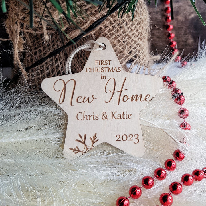 Custom New Home Christmas Bauble - Handmade Wooden First Christmas Ornament - Personalised Housewarming Gift