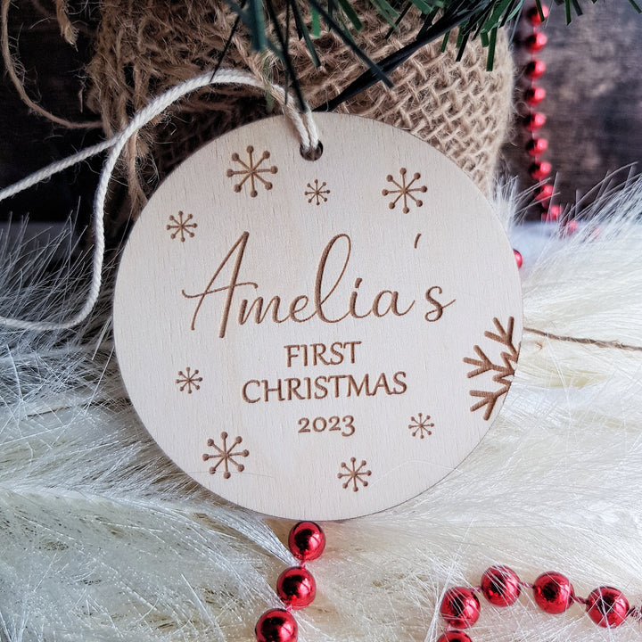 Personalised Baby's First Christmas Tree Bauble - Custom Name Wooden Ornament - Snowflakes Round Bauble