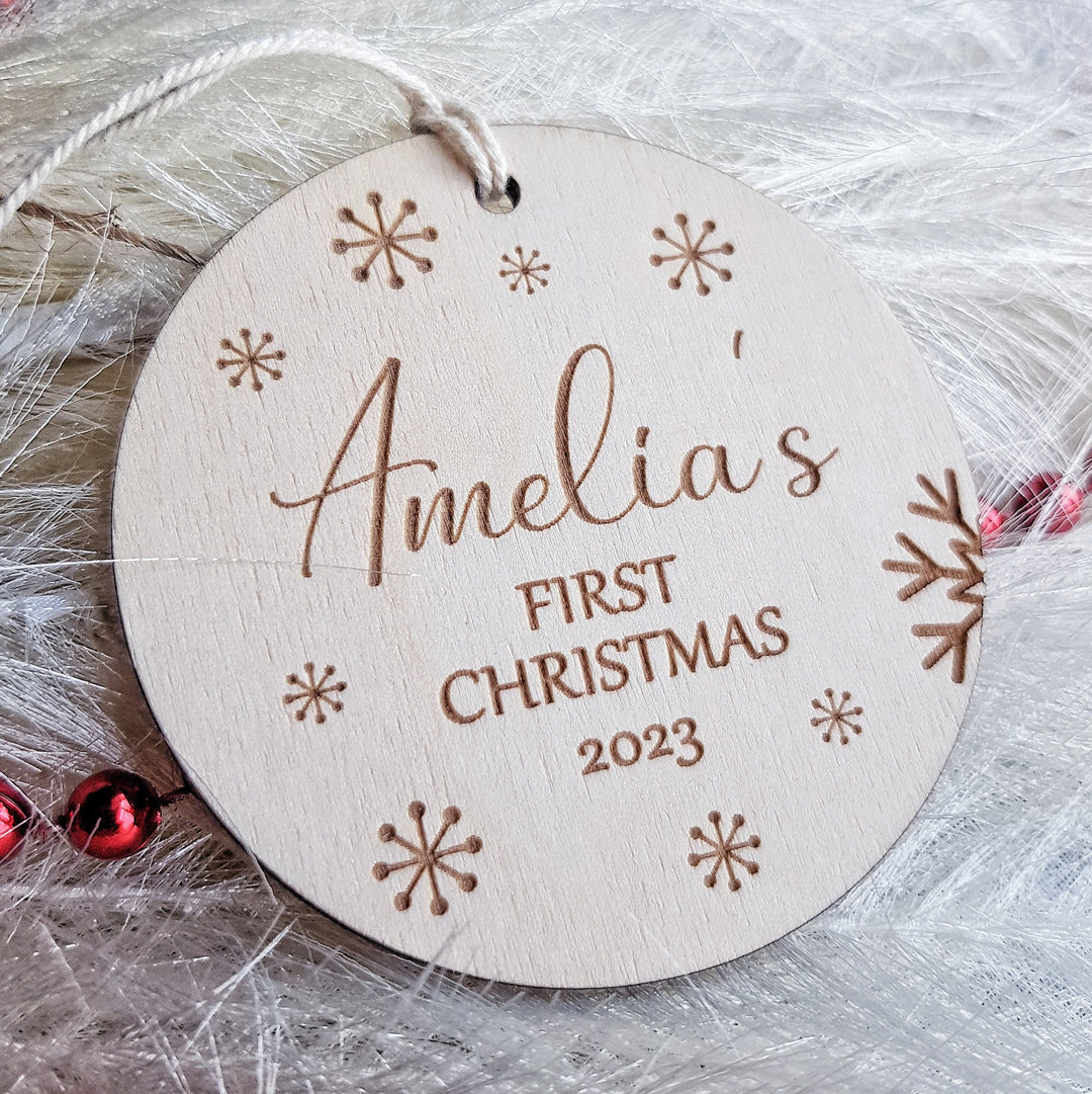 Personalised Baby's First Christmas Tree Bauble - Custom Name Wooden Ornament - Snowflakes Round Bauble