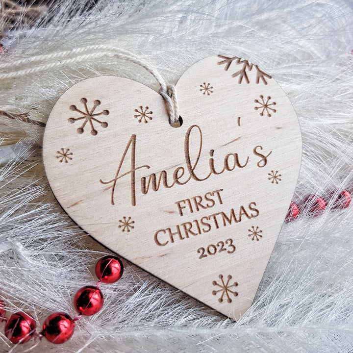 Personalised Baby's First Christmas Tree Bauble - Custom Name Wooden Ornament - Snowflakes Heart Bauble