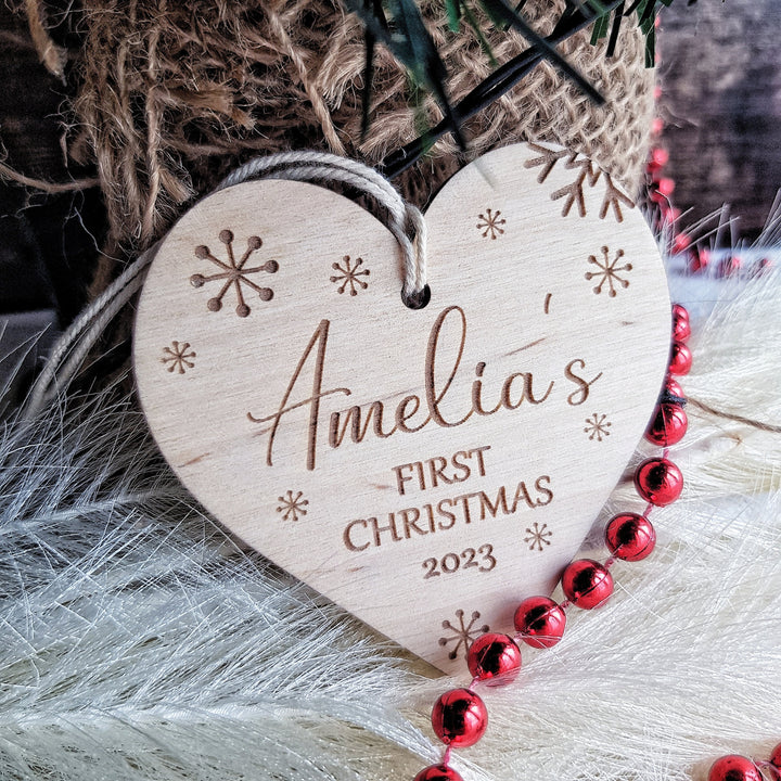 Personalised Baby's First Christmas Tree Bauble - Custom Name Wooden Ornament - Snowflakes Heart Bauble