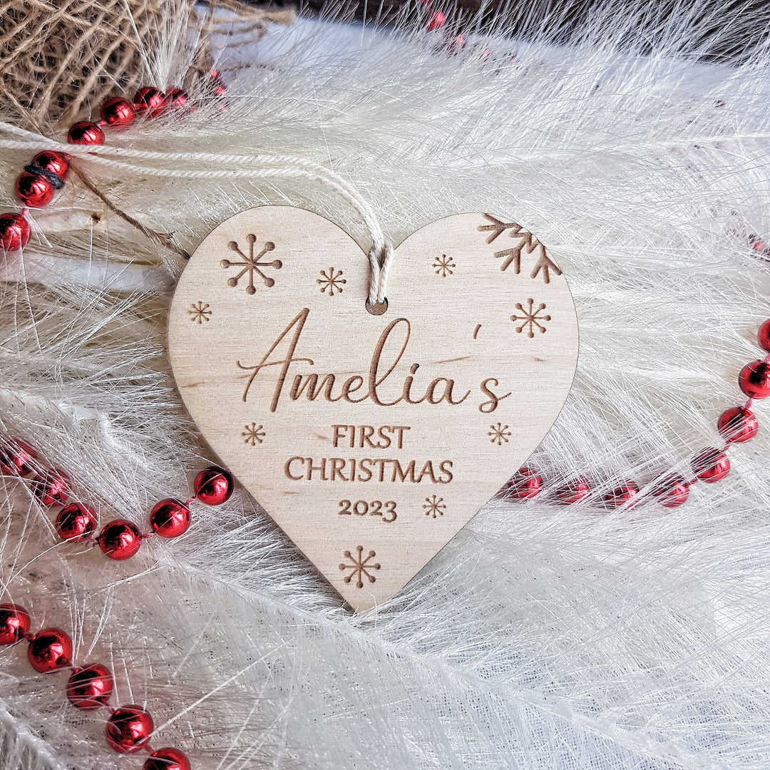 Personalised Baby's First Christmas Tree Bauble - Custom Name Wooden Ornament - Snowflakes Heart Bauble