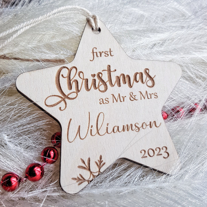 First Christmas as Mr & Mrs Bauble, First Xmas Ornament, Personalised Wooden Keepsake, Festive Star Decoration