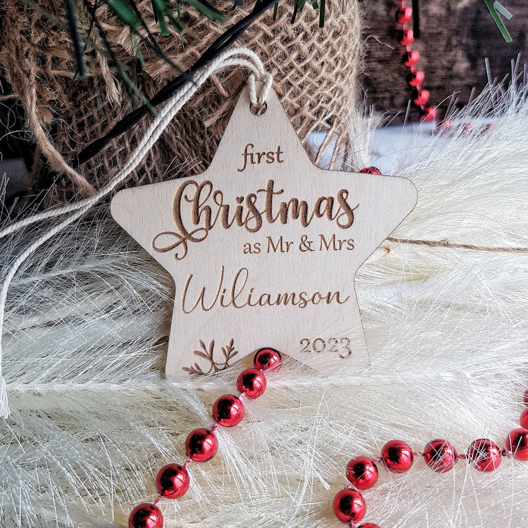 First Christmas as Mr & Mrs Bauble, First Xmas Ornament, Personalised Wooden Keepsake, Festive Star Decoration