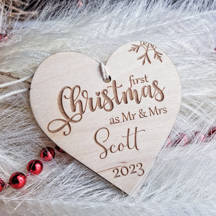 First Christmas as Mr & Mrs Bauble, First Xmas Ornament, Personalised Wooden Keepsake, Festive Heart Decoration