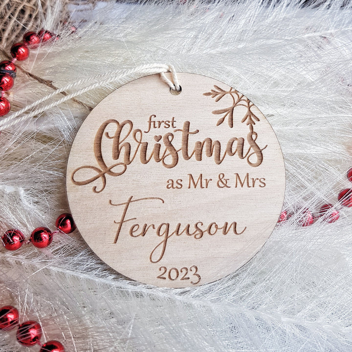 First Christmas as Mr & Mrs Bauble, First Xmas Ornament, Personalised Wooden Keepsake, Festive Round Decoration