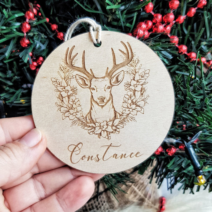 Floral Wreath Deer Wooden Bauble Christmas Ornament - Customizable Keepsake - Personalised Festive Tree Decoration