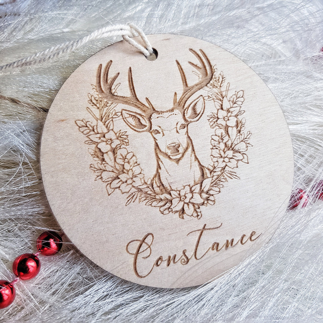 Floral Wreath Deer Wooden Bauble Christmas Ornament - Customizable Keepsake - Personalised Festive Tree Decoration