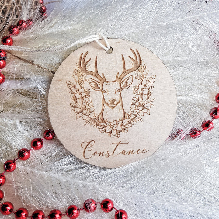 Floral Wreath Deer Wooden Bauble Christmas Ornament - Customizable Keepsake - Personalised Festive Tree Decoration