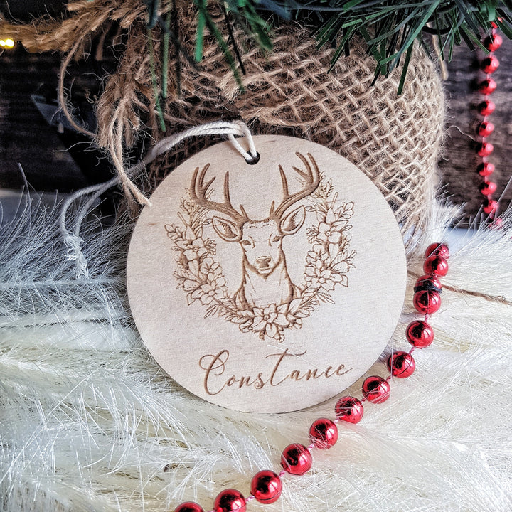 Floral Wreath Deer Wooden Bauble Christmas Ornament - Customizable Keepsake - Personalised Festive Tree Decoration