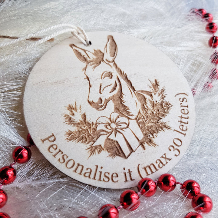 Wooden Bauble Christmas Tree Ornament - Personalised Keepsake, Festive Decor, Beautiful Christmas Donkey Decoration