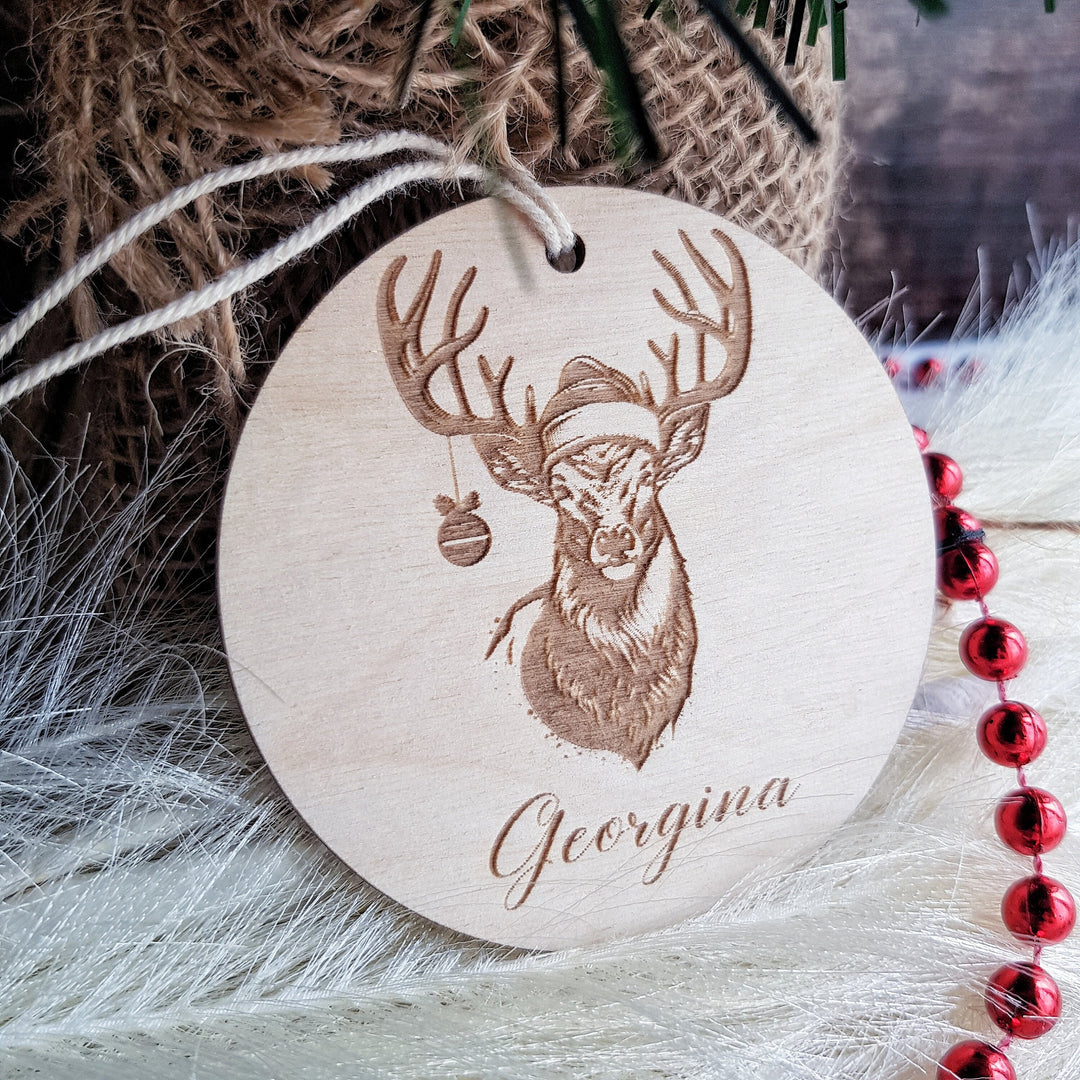 Christmas Deer Wooden Bauble Ornament - Customizable Keepsake - Personalised Festive Tree Decoration