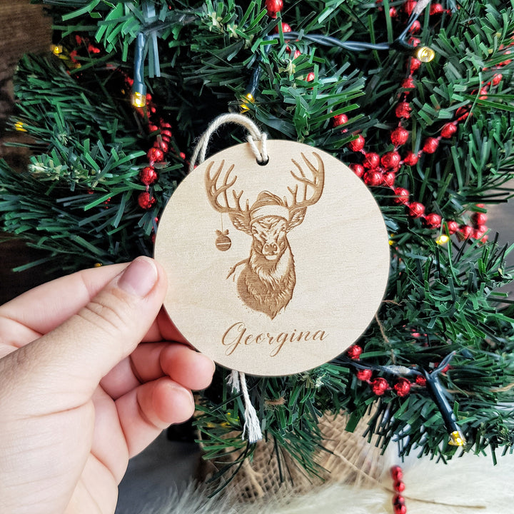 Christmas Deer Wooden Bauble Ornament - Customizable Keepsake - Personalised Festive Tree Decoration