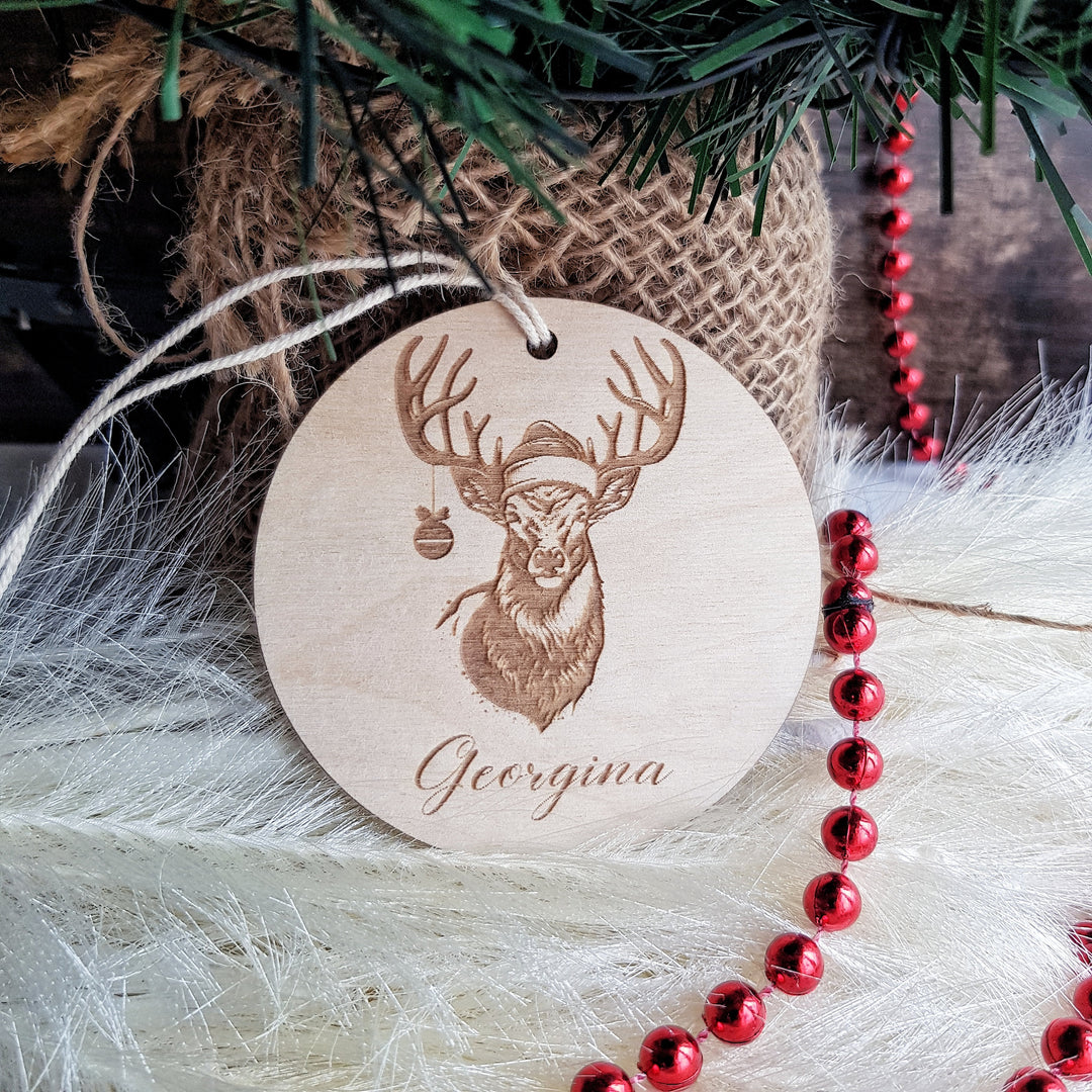 Christmas Deer Wooden Bauble Ornament - Customizable Keepsake - Personalised Festive Tree Decoration