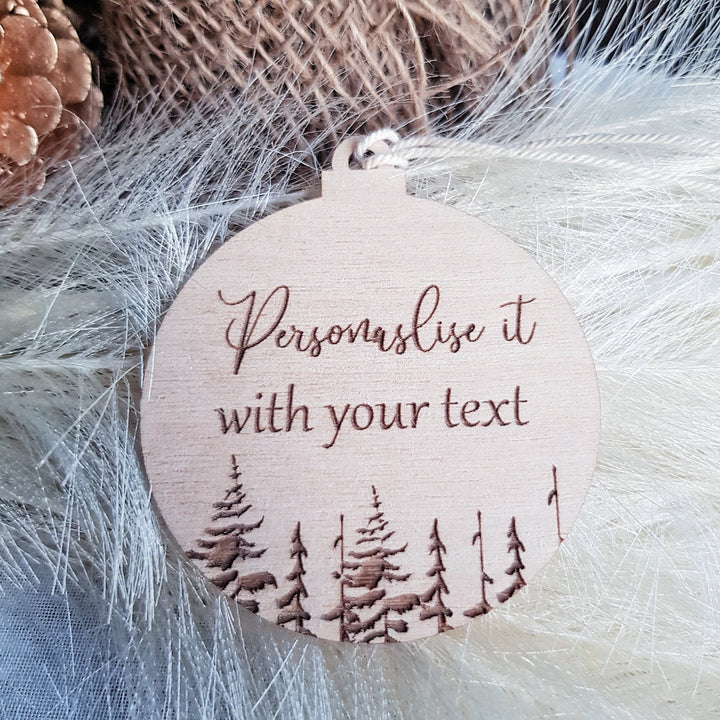 Personalised Wooden Baby's First Christmas Tree Decoration - Rustic Eco Xmas Bauble Gift or Keepsake - Winter Woodland Keepsake