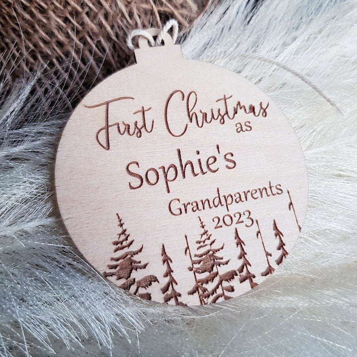 Personalised Wooden Baby's First Christmas Tree Decoration - Rustic Eco Xmas Bauble Gift or Keepsake - Winter Woodland Keepsake