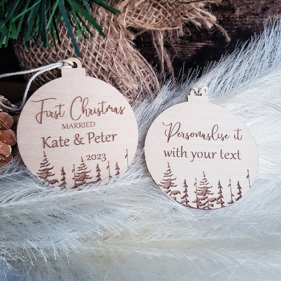 Personalised Wooden Christmas Tree Decoration First Christmas Married as Mr and Mrs, Married, Engaged bauble - Winter Woodland Keepsake