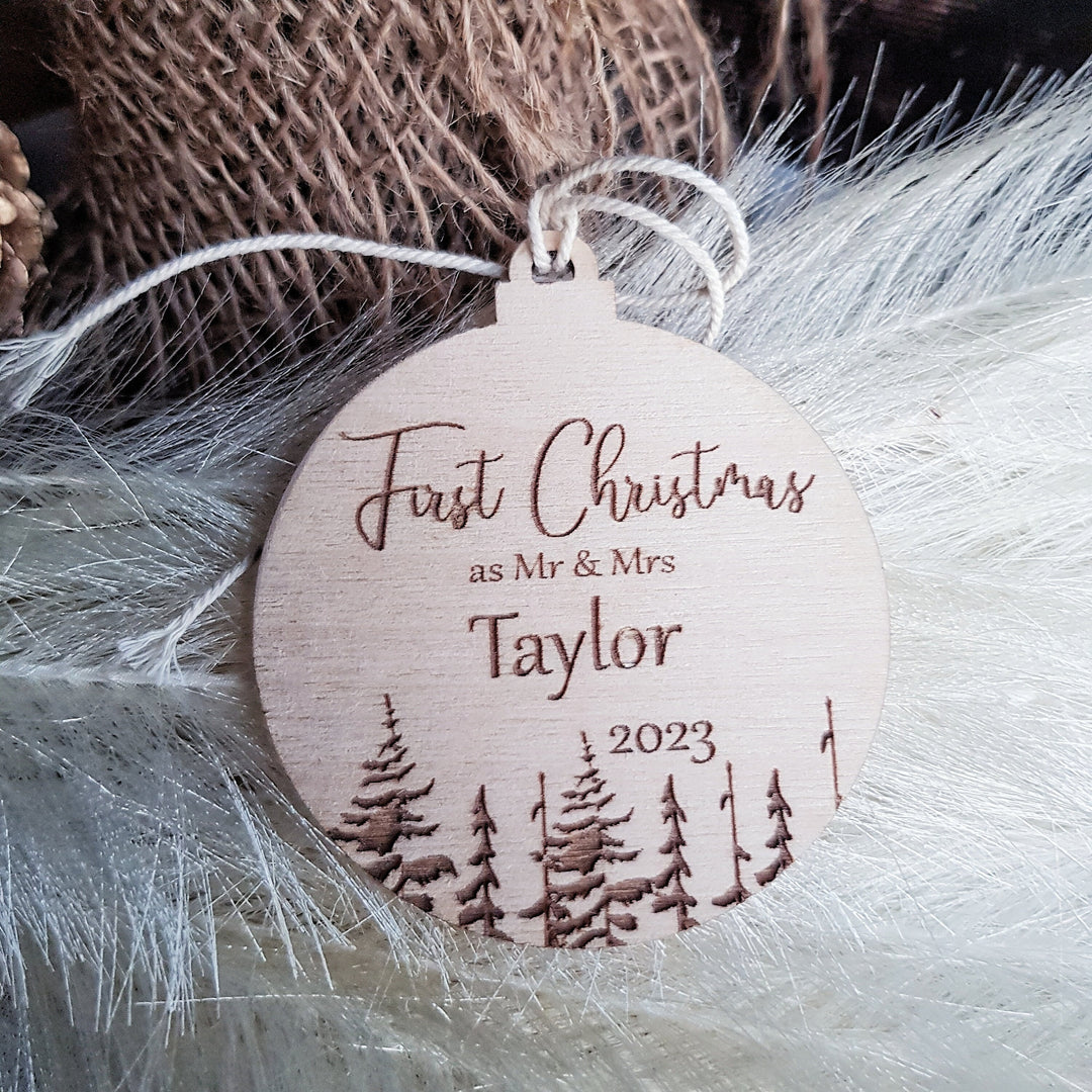 Personalised Wooden Christmas Tree Decoration First Christmas Married as Mr and Mrs, Married, Engaged bauble - Winter Woodland Keepsake