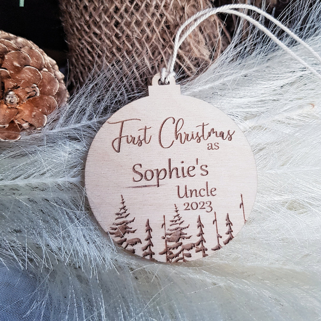 Personalised First Christmas as Auntie / Uncle Bauble, Eco-Friendly Wooden Christmas Tree Ornament, Winter Woodland Keepsake