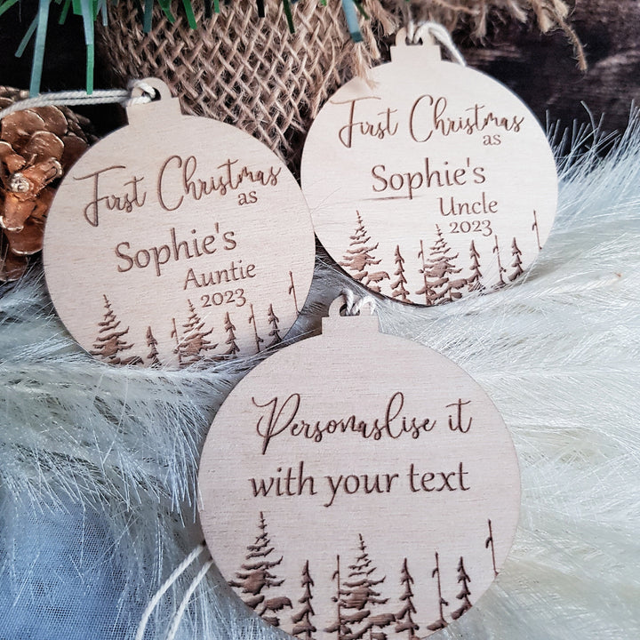 Personalised First Christmas as Auntie / Uncle Bauble, Eco-Friendly Wooden Christmas Tree Ornament, Winter Woodland Keepsake