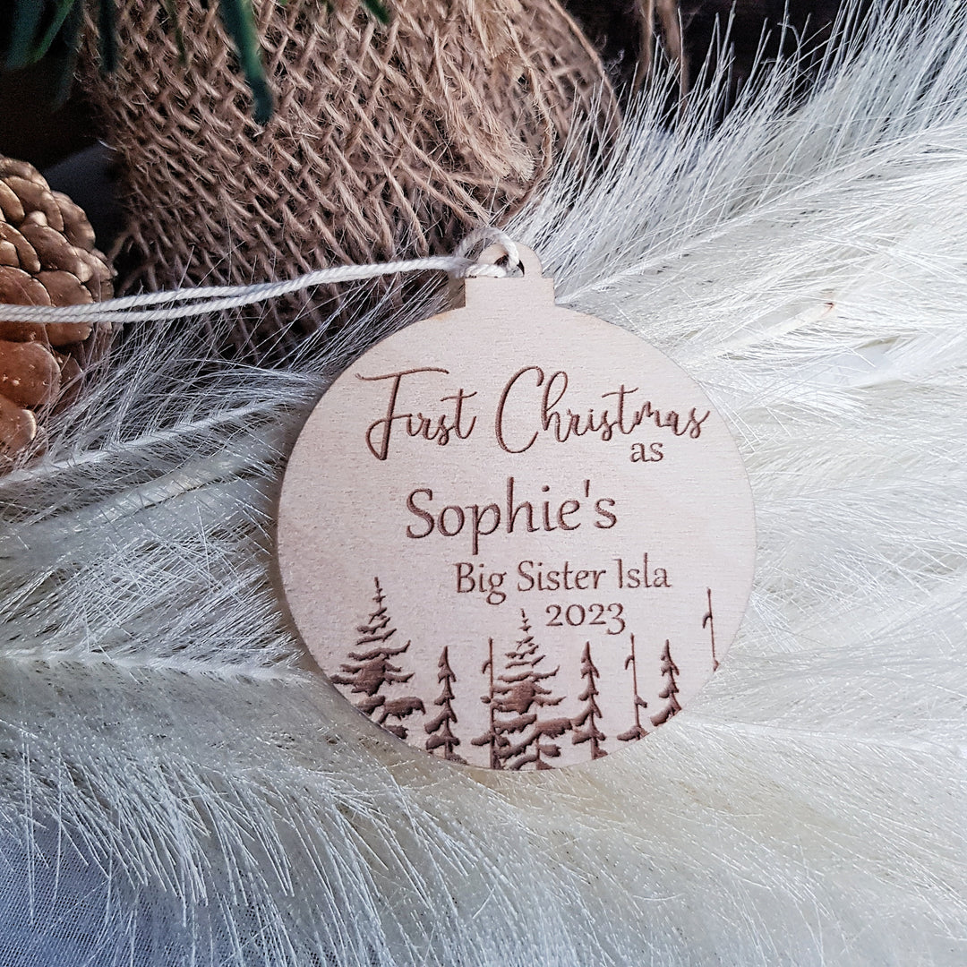 Personalised Wooden Christmas Tree Decoration First Christmas as Sister/Brother - Eco-Friendly Bauble - Winter Woodland Keepsake