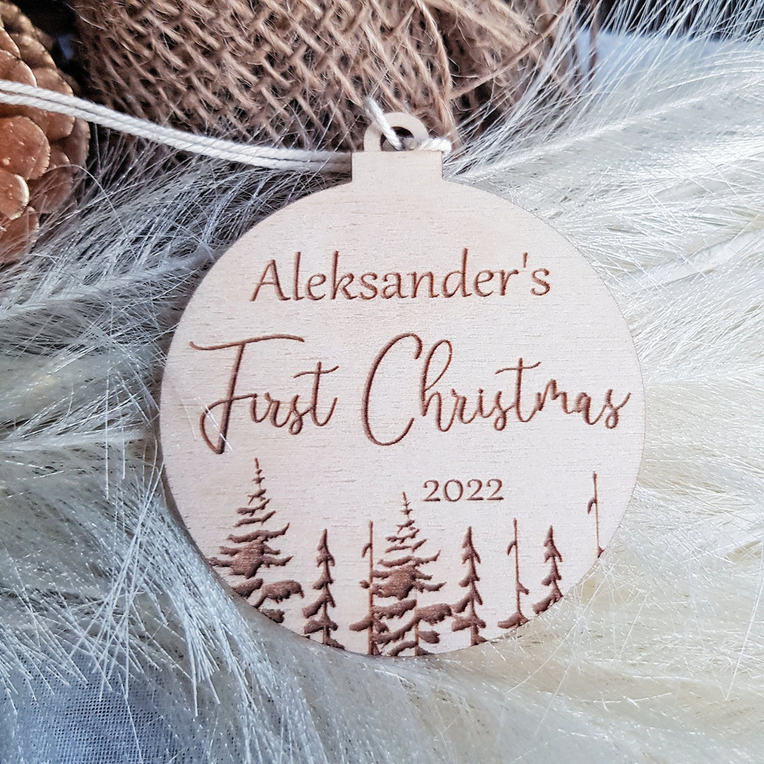 Personalised Wooden Christmas Tree Decoration First Christmas as Sister/Brother - Eco-Friendly Bauble - Winter Woodland Keepsake