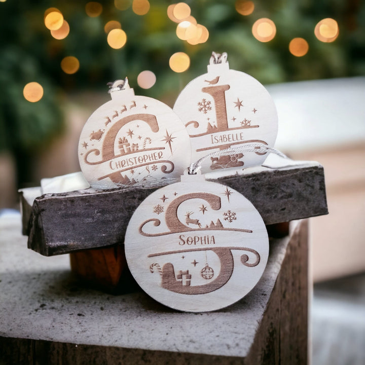 Personalised Split Letter Wooden Bauble - Laser Cut Engraved Christmas Gift Tag