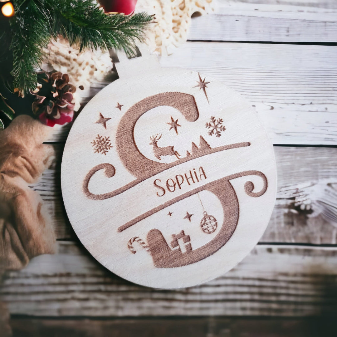 Personalised Split Letter Wooden Bauble - Laser Cut Engraved Christmas Gift Tag