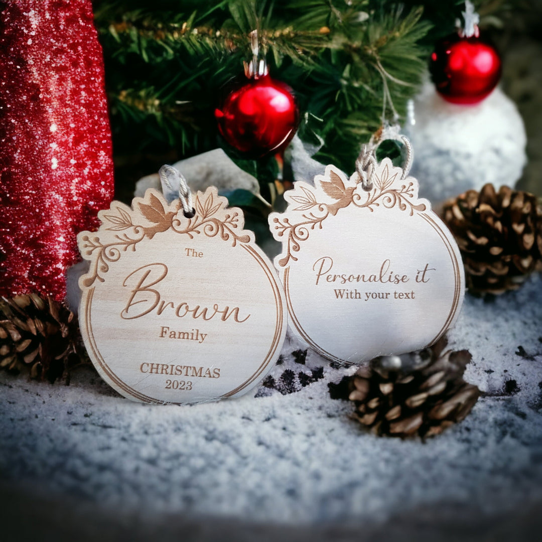 Custom Family Christmas Tree Wooden Bauble - Sentimental First Time Married, Engaged, New Home - Holiday Wreath Gift Keepsake Tag