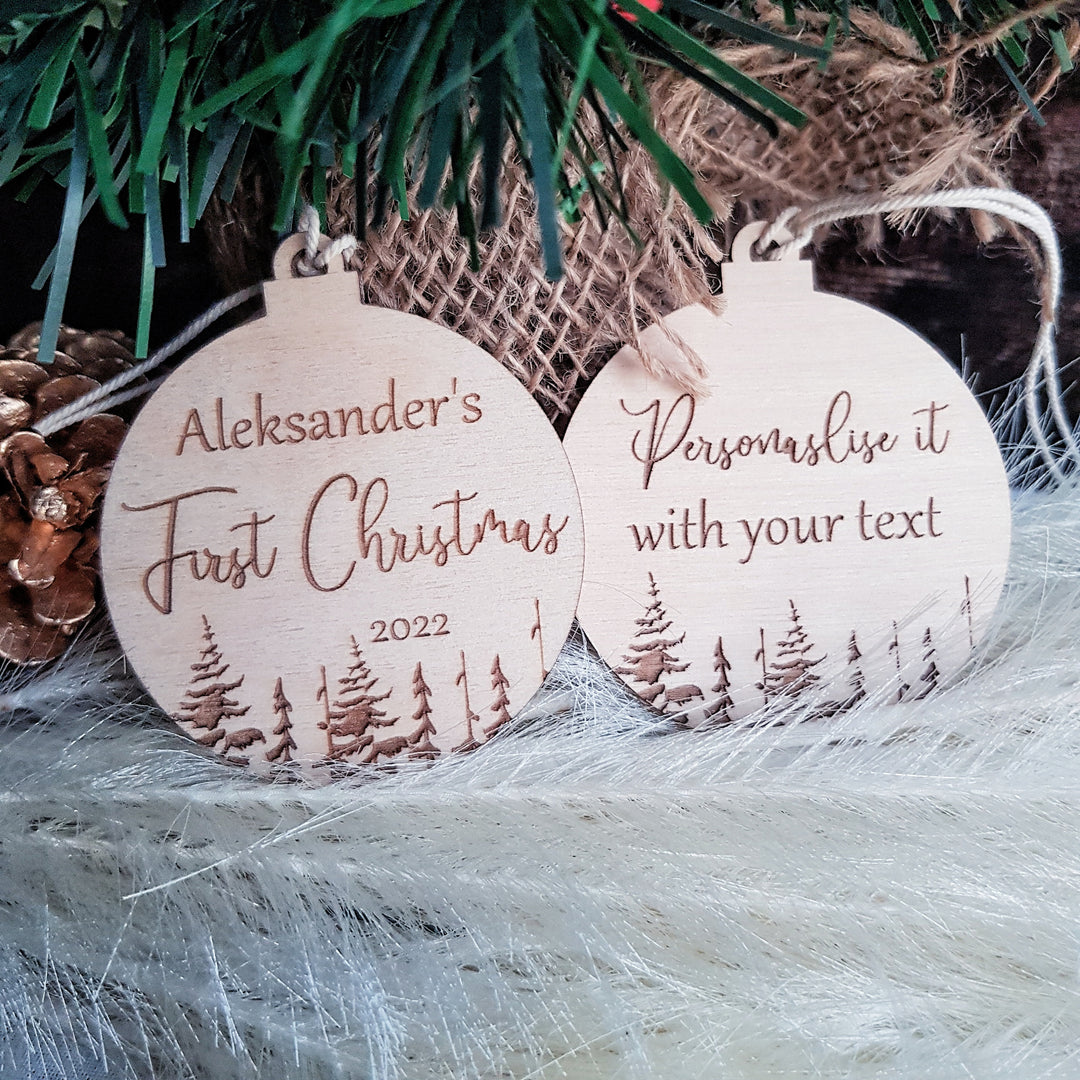 Personalised Wooden Baby's First Christmas Tree Decoration - Rustic Eco Xmas Bauble Gift or Keepsake - Winter Woodland Keepsake