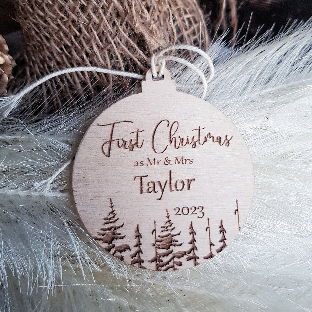 Personalised Wooden Baby's First Christmas Tree Decoration - Rustic Eco Xmas Bauble Gift or Keepsake - Winter Woodland Keepsake