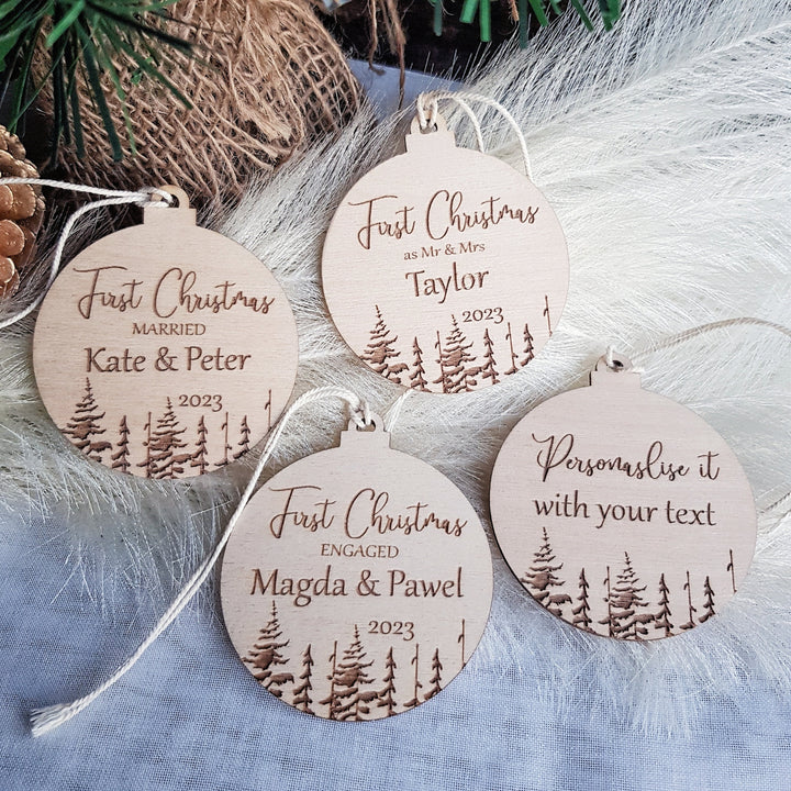 Personalised Wooden Christmas Tree Decoration First Christmas Married as Mr and Mrs, Married, Engaged bauble - Winter Woodland Keepsake