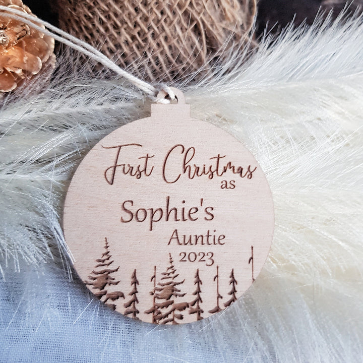 Personalised First Christmas as Auntie / Uncle Bauble, Eco-Friendly Wooden Christmas Tree Ornament, Winter Woodland Keepsake