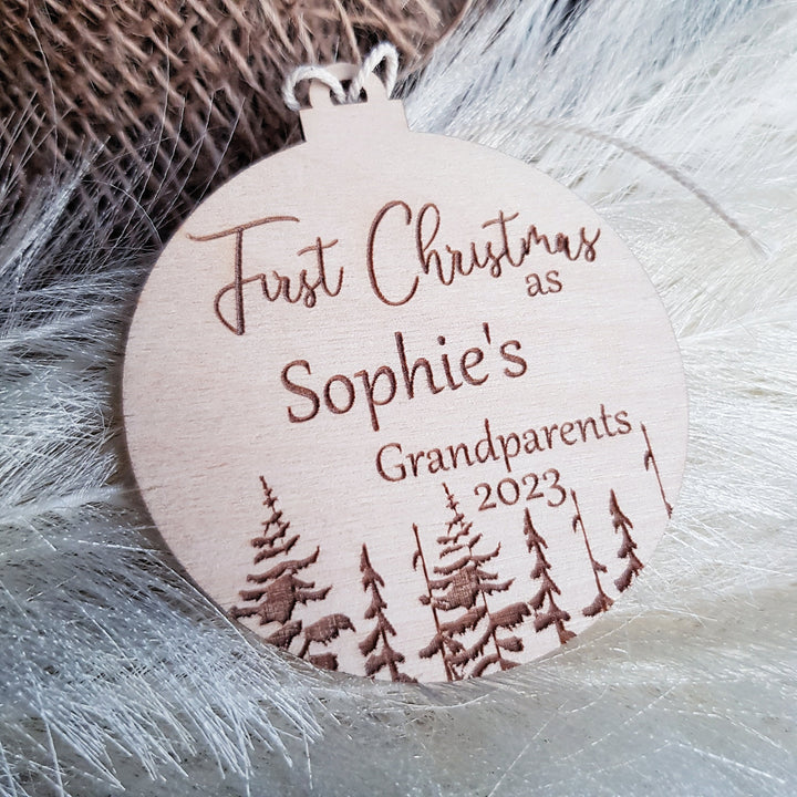 Custom Wooden Christmas Tree Ornament, Celebrate with Grandma and Grandpa, the Perfect Personalised Christmas Gift, Winter Woodland Keepsake