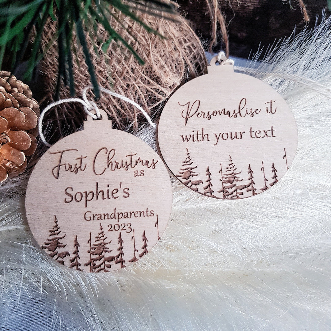 Custom Wooden Christmas Tree Ornament, Celebrate with Grandma and Grandpa, the Perfect Personalised Christmas Gift, Winter Woodland Keepsake