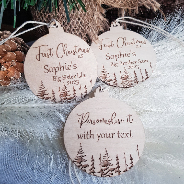 Personalised Wooden Christmas Tree Decoration First Christmas as Sister/Brother - Eco-Friendly Bauble - Winter Woodland Keepsake