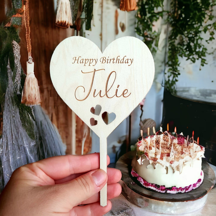 Personalised Wooden Birthday Cake Topper - 3 cutout hearts